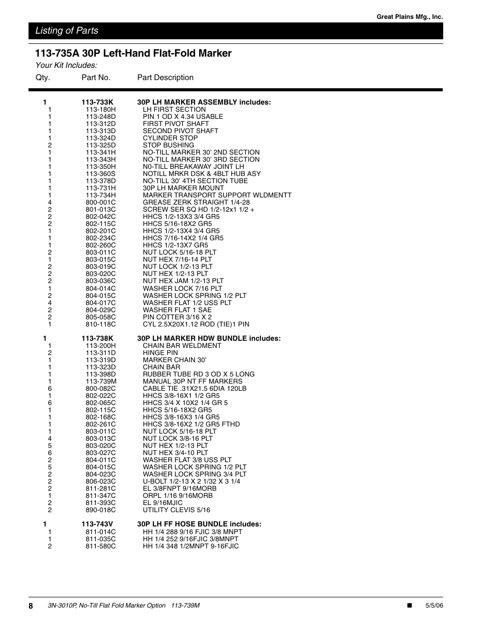 Listing of parts | Great Plains 3N-3010P Assembly Instructions User Manual | Page 8 / 9