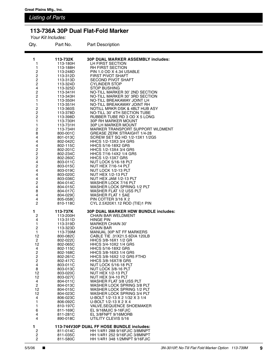 Listing of parts | Great Plains 3N-3010P Assembly Instructions User Manual | Page 9 / 9