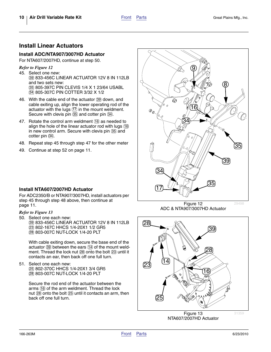 Install linear actuators, Install adc/nta907/3007hd actuator, Install nta607/2007hd actuator | Great Plains VARIABLE RATE KIT Operator Manual User Manual | Page 10 / 22
