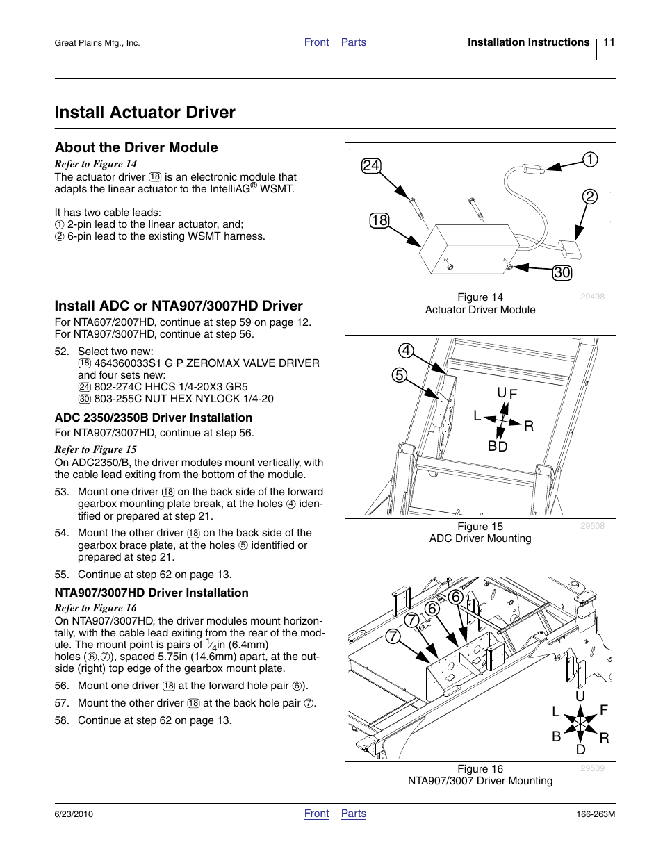 Install actuator driver, About the driver module, Install adc or nta907/3007hd driver | Adc 2350/2350b driver installation, Nta907/3007hd driver installation | Great Plains VARIABLE RATE KIT Operator Manual User Manual | Page 11 / 22