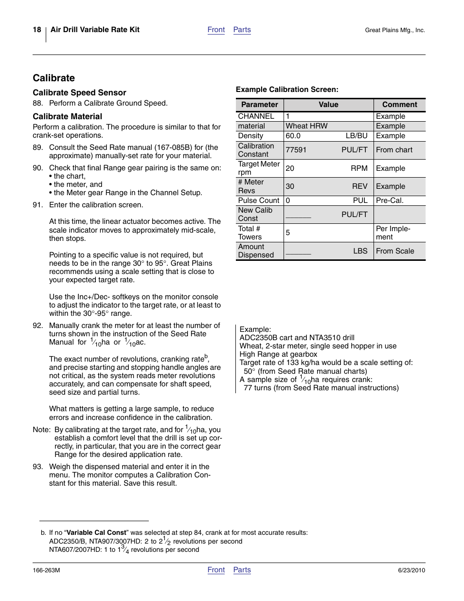 Calibrate, Example calibration screen, Calibrate speed sensor | Calibrate material, Pm near field speed at step 92 | Great Plains VARIABLE RATE KIT Operator Manual User Manual | Page 18 / 22