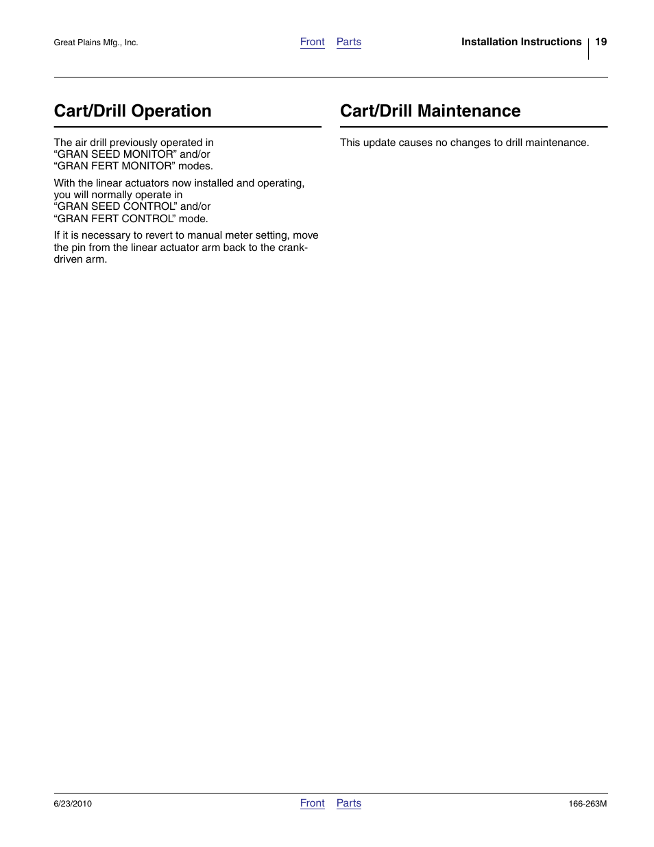 Cart/drill operation, Cart/drill maintenance | Great Plains VARIABLE RATE KIT Operator Manual User Manual | Page 19 / 22