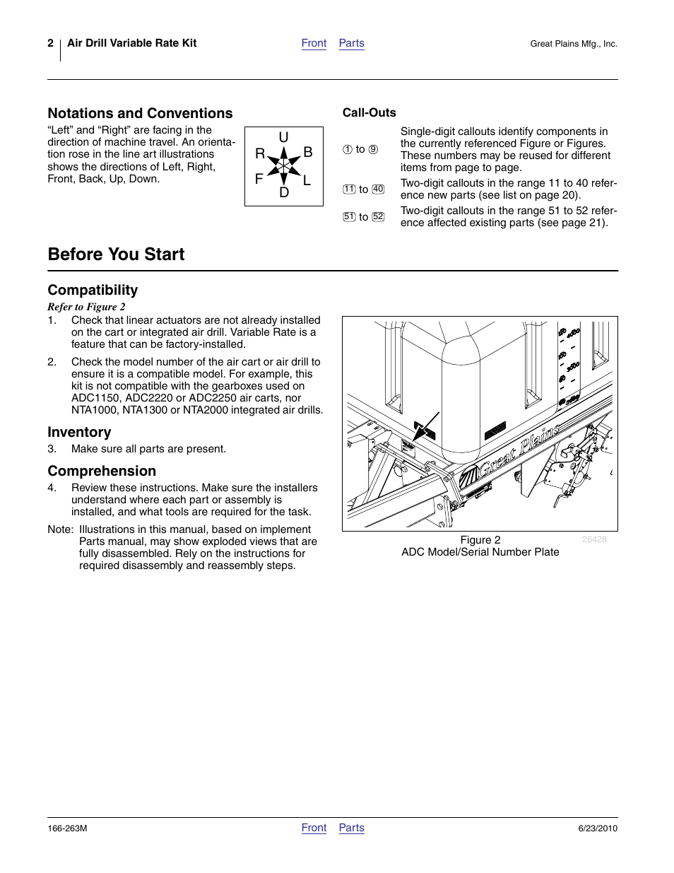 Notations and conventions, Call-outs, Before you start | Compatibility, Inventory, Comprehension | Great Plains VARIABLE RATE KIT Operator Manual User Manual | Page 2 / 22