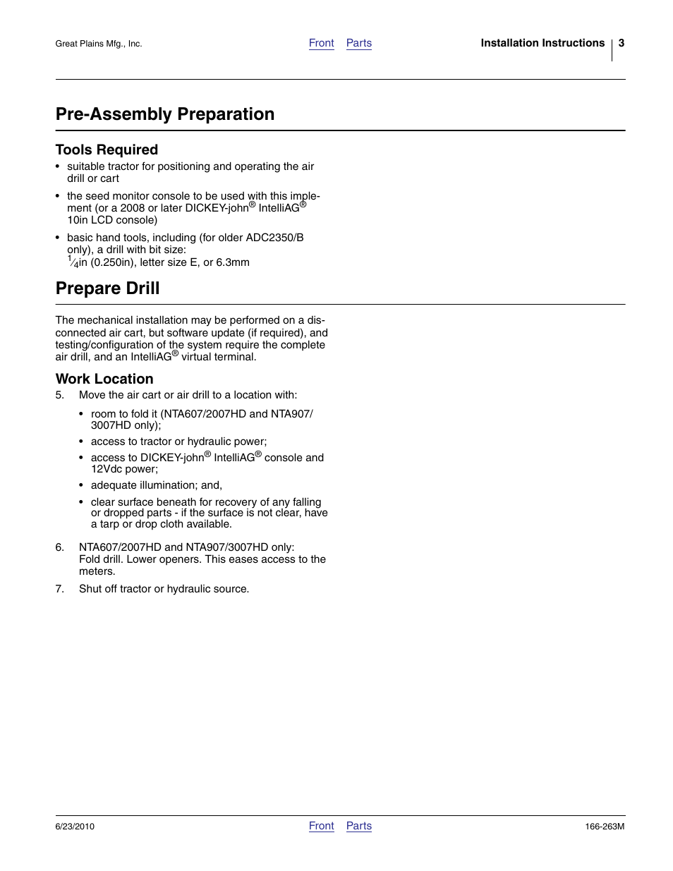Pre-assembly preparation, Tools required, Prepare drill | Work location | Great Plains VARIABLE RATE KIT Operator Manual User Manual | Page 3 / 22