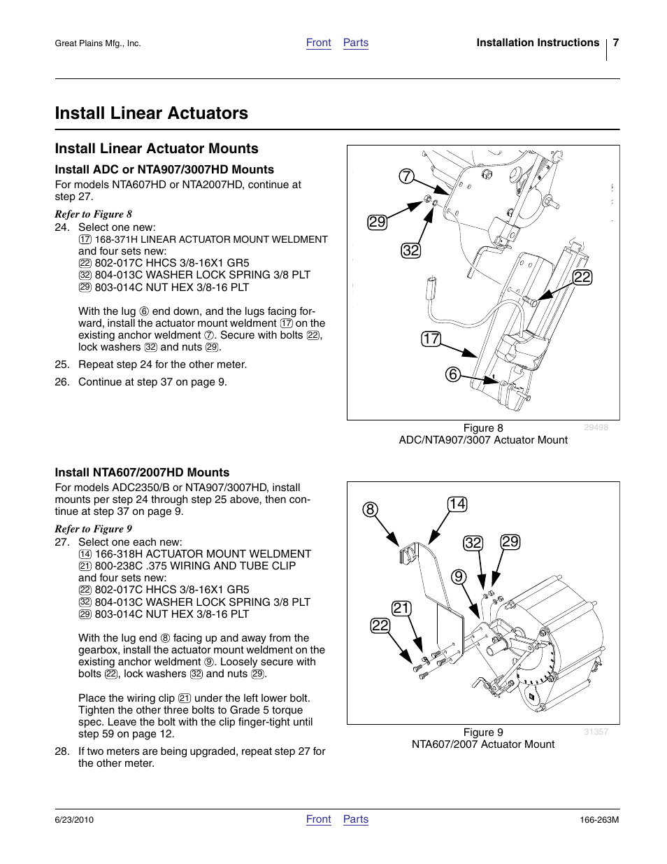 Install linear actuators, Install linear actuator mounts, Install adc or nta907/3007hd mounts | Install nta607/2007hd mounts, Step 24 | Great Plains VARIABLE RATE KIT Operator Manual User Manual | Page 7 / 22