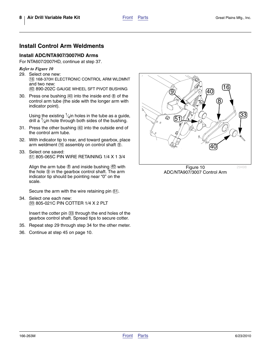 Install control arm weldments, Install adc/nta907/3007hd arms | Great Plains VARIABLE RATE KIT Operator Manual User Manual | Page 8 / 22