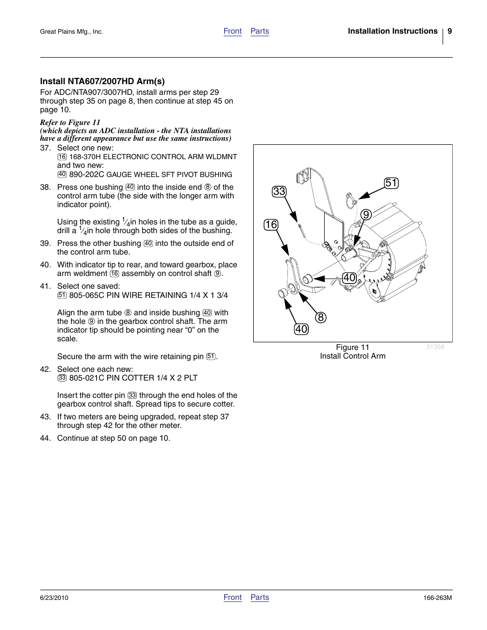 Install nta607/2007hd arm(s), Step 41, Ue at step 37 | Great Plains VARIABLE RATE KIT Operator Manual User Manual | Page 9 / 22