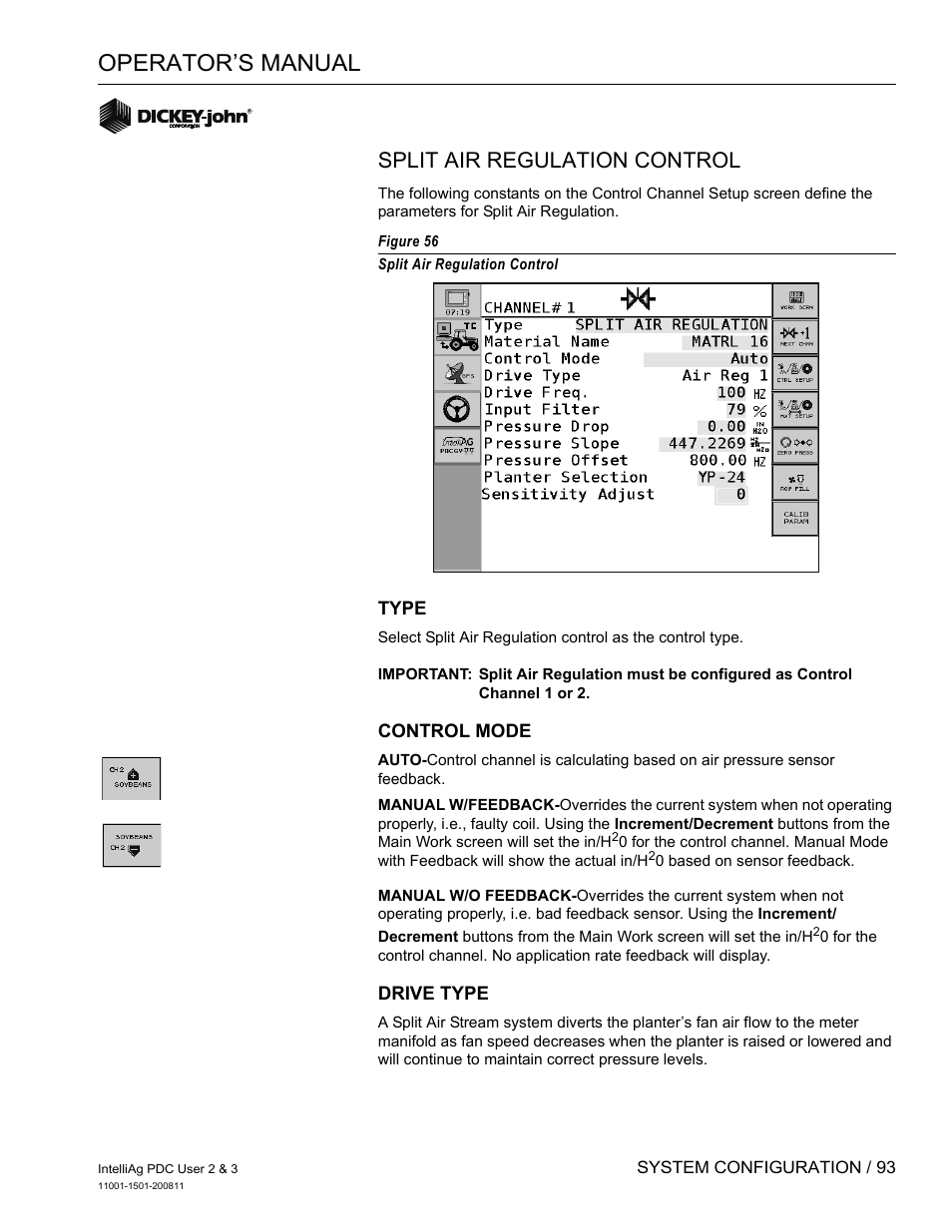 Operator’s manual, Split air regulation control | Great Plains DICKEY-john IntelliAg Planter-Drill Control L3 User Manual | Page 101 / 185