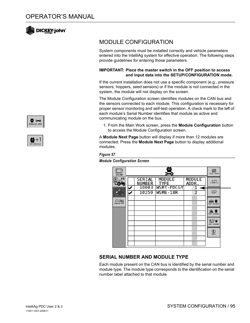 Operator’s manual, Module configuration | Great Plains DICKEY-john IntelliAg Planter-Drill Control L3 User Manual | Page 103 / 185