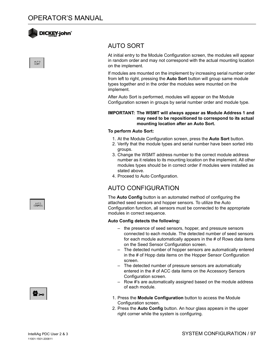 Operator’s manual, Auto sort, Auto configuration | Great Plains DICKEY-john IntelliAg Planter-Drill Control L3 User Manual | Page 105 / 185