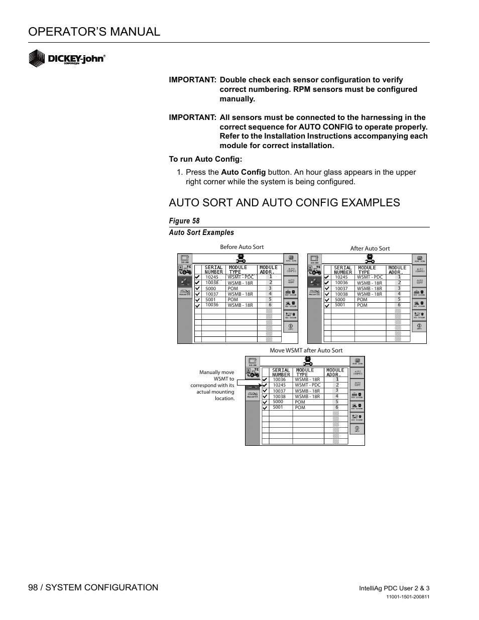 Operator’s manual, Auto sort and auto config examples, 98 / system configuration | Figure 58 auto sort examples | Great Plains DICKEY-john IntelliAg Planter-Drill Control L3 User Manual | Page 106 / 185