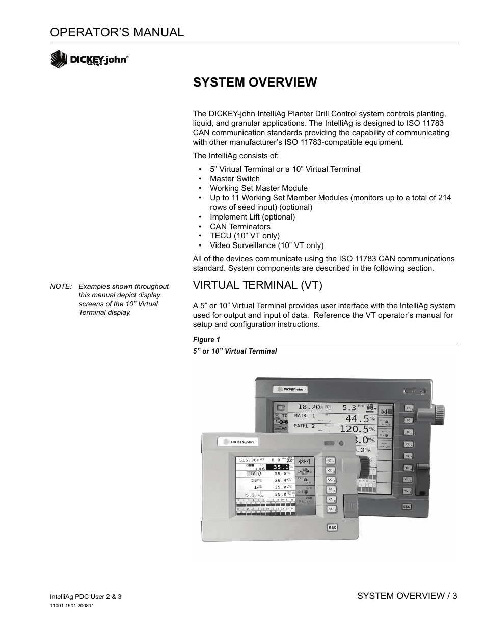 System overview, Operator’s manual, Virtual terminal (vt) | Great Plains DICKEY-john IntelliAg Planter-Drill Control L3 User Manual | Page 11 / 185