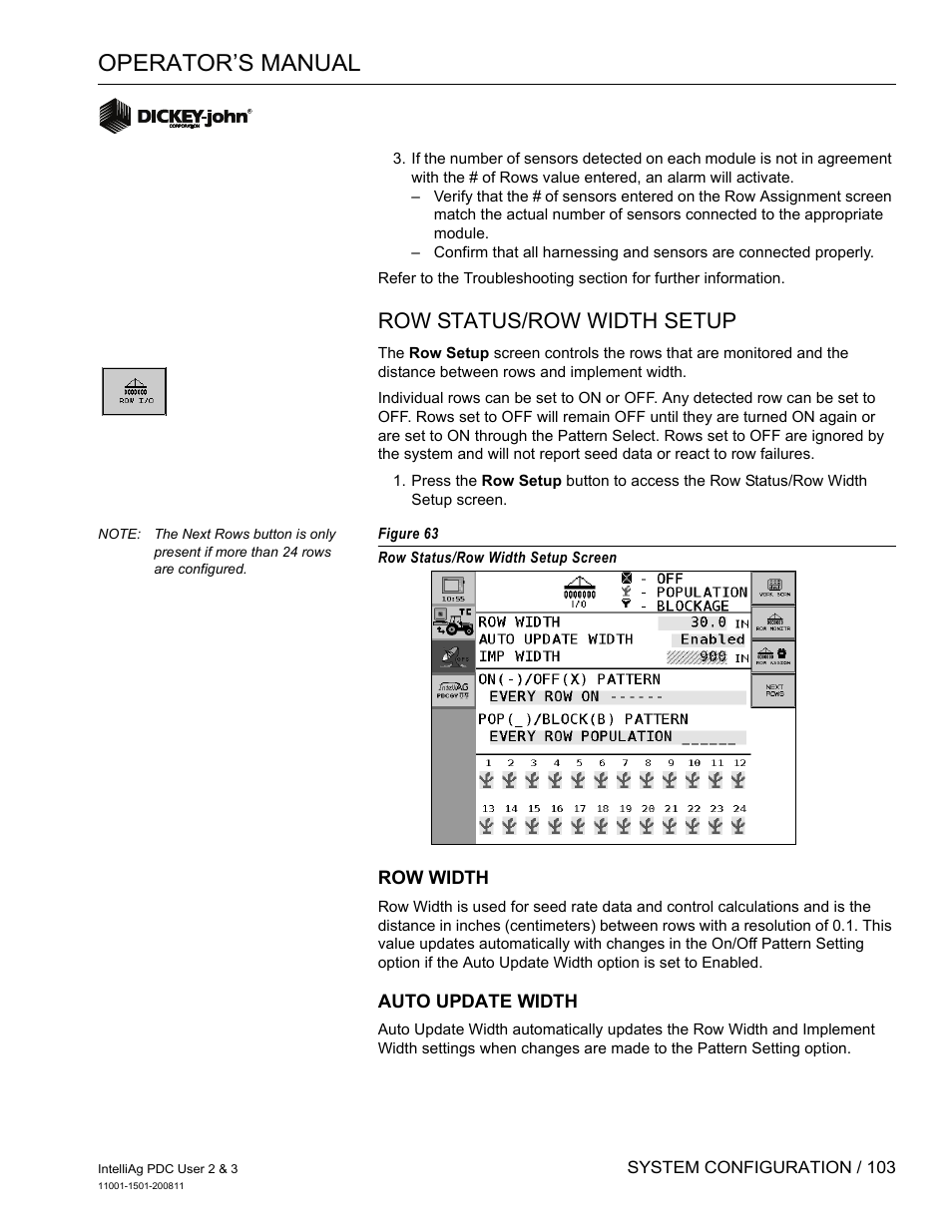 Operator’s manual, Row status/row width setup | Great Plains DICKEY-john IntelliAg Planter-Drill Control L3 User Manual | Page 111 / 185