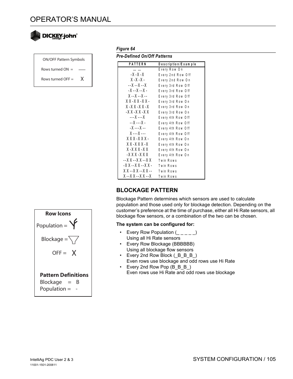 Operator’s manual, Blockage pattern, Population = blockage = off | Great Plains DICKEY-john IntelliAg Planter-Drill Control L3 User Manual | Page 113 / 185