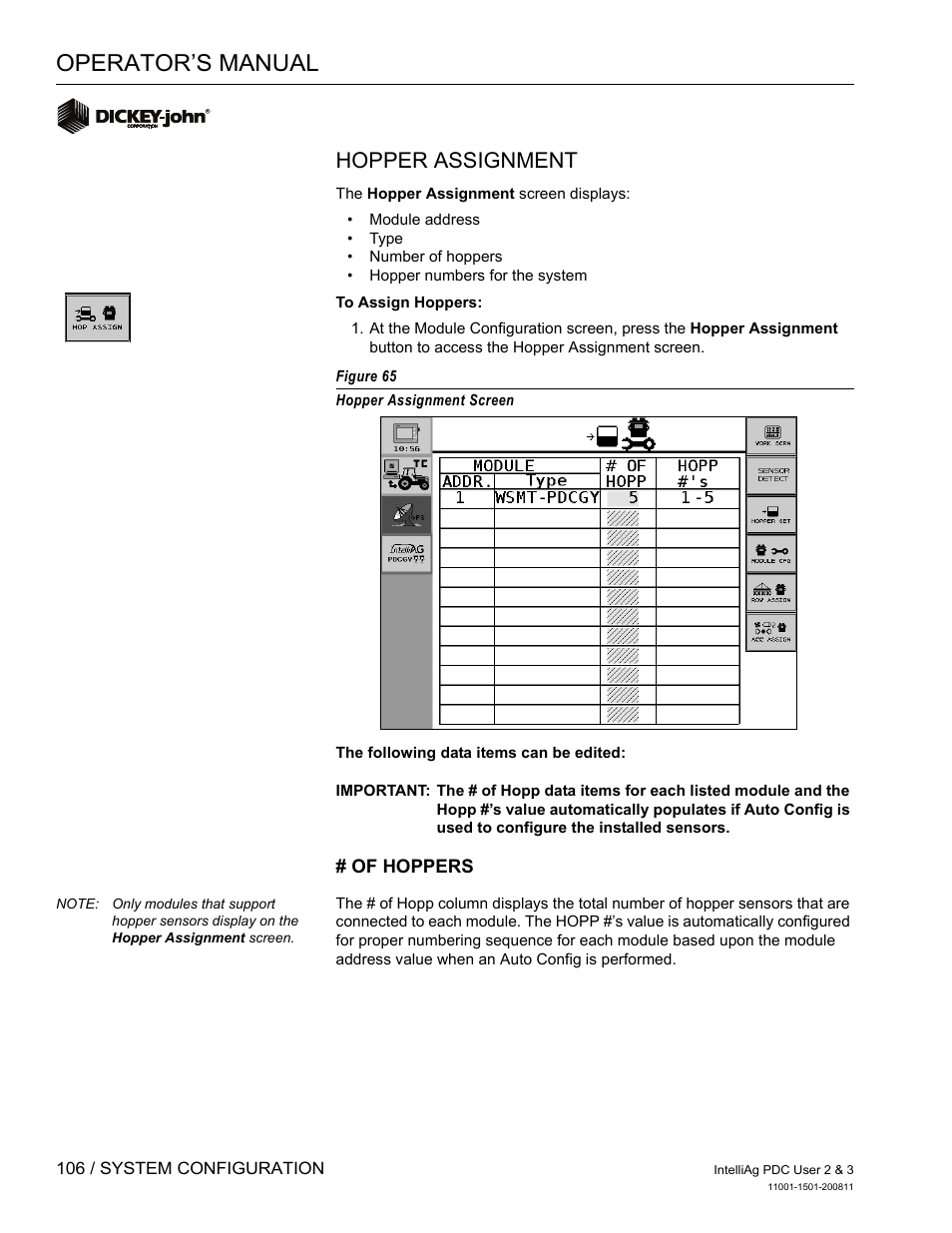 Operator’s manual, Hopper assignment | Great Plains DICKEY-john IntelliAg Planter-Drill Control L3 User Manual | Page 114 / 185