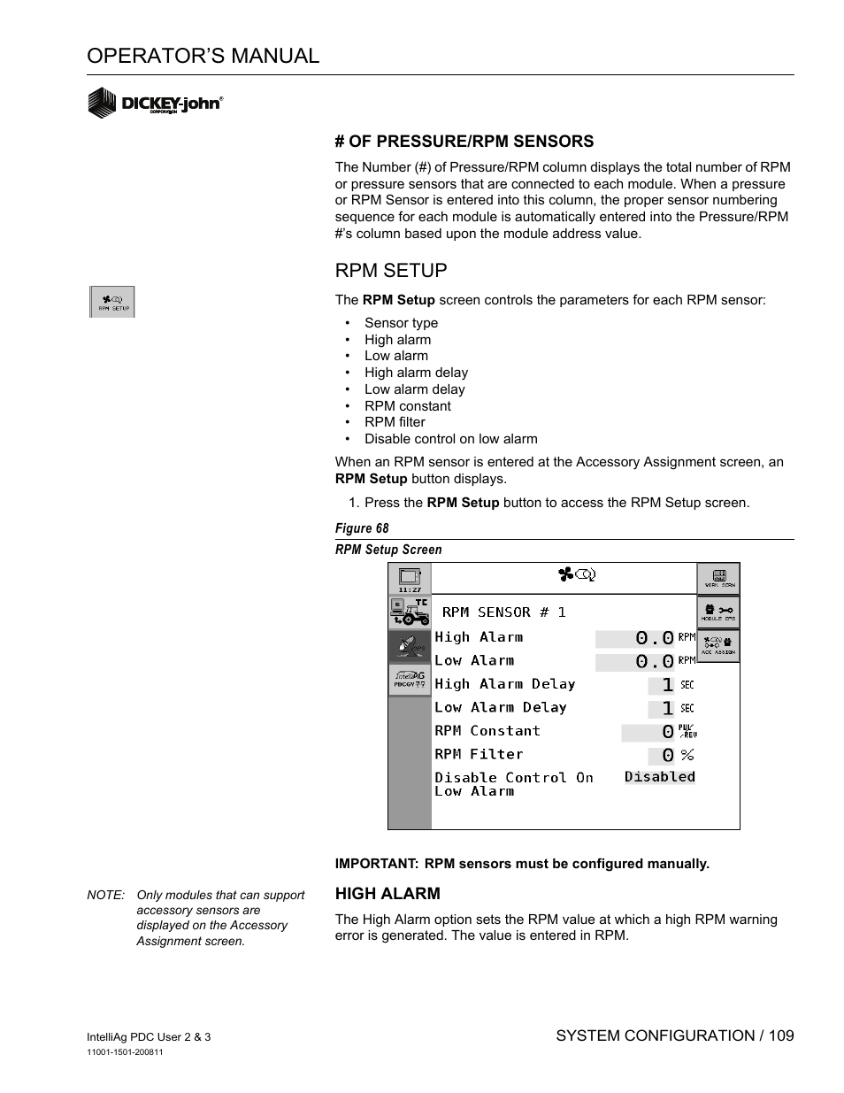 Operator’s manual, Rpm setup | Great Plains DICKEY-john IntelliAg Planter-Drill Control L3 User Manual | Page 117 / 185