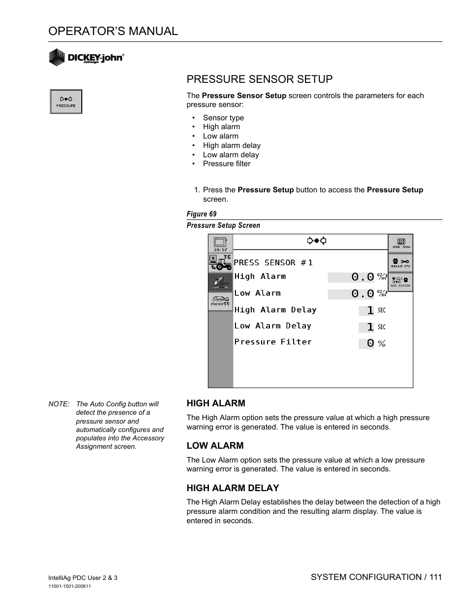 Operator’s manual, Pressure sensor setup | Great Plains DICKEY-john IntelliAg Planter-Drill Control L3 User Manual | Page 119 / 185