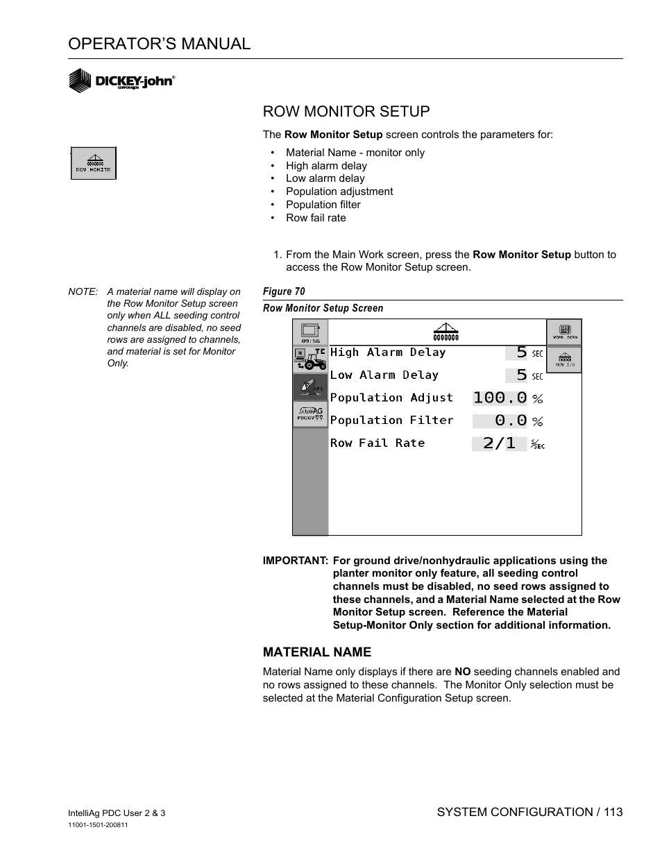 Operator’s manual, Row monitor setup | Great Plains DICKEY-john IntelliAg Planter-Drill Control L3 User Manual | Page 121 / 185