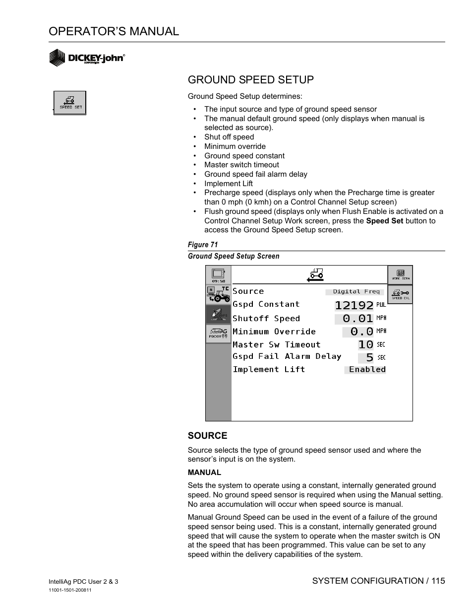 Operator’s manual, Ground speed setup | Great Plains DICKEY-john IntelliAg Planter-Drill Control L3 User Manual | Page 123 / 185