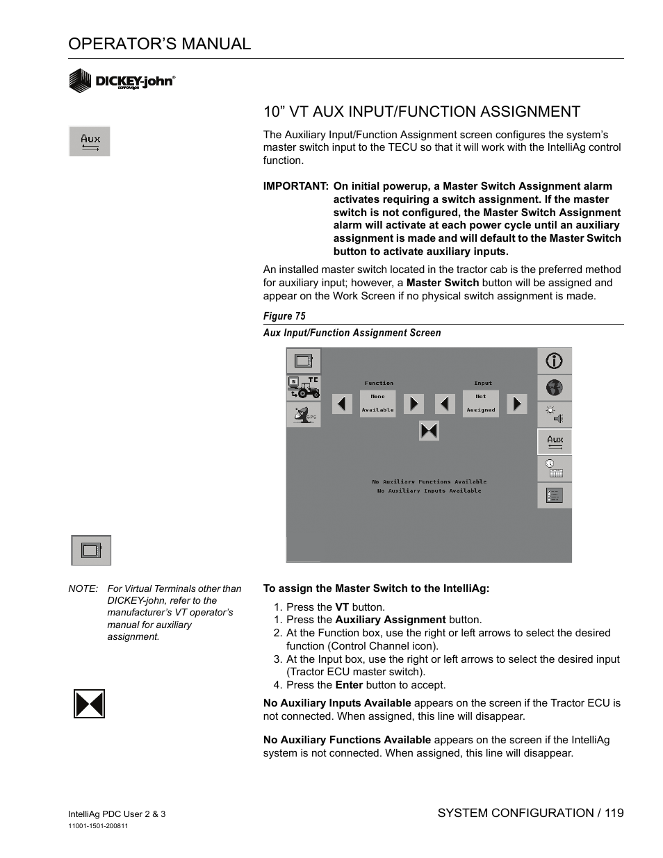 Operator’s manual, 10” vt aux input/function assignment | Great Plains DICKEY-john IntelliAg Planter-Drill Control L3 User Manual | Page 127 / 185