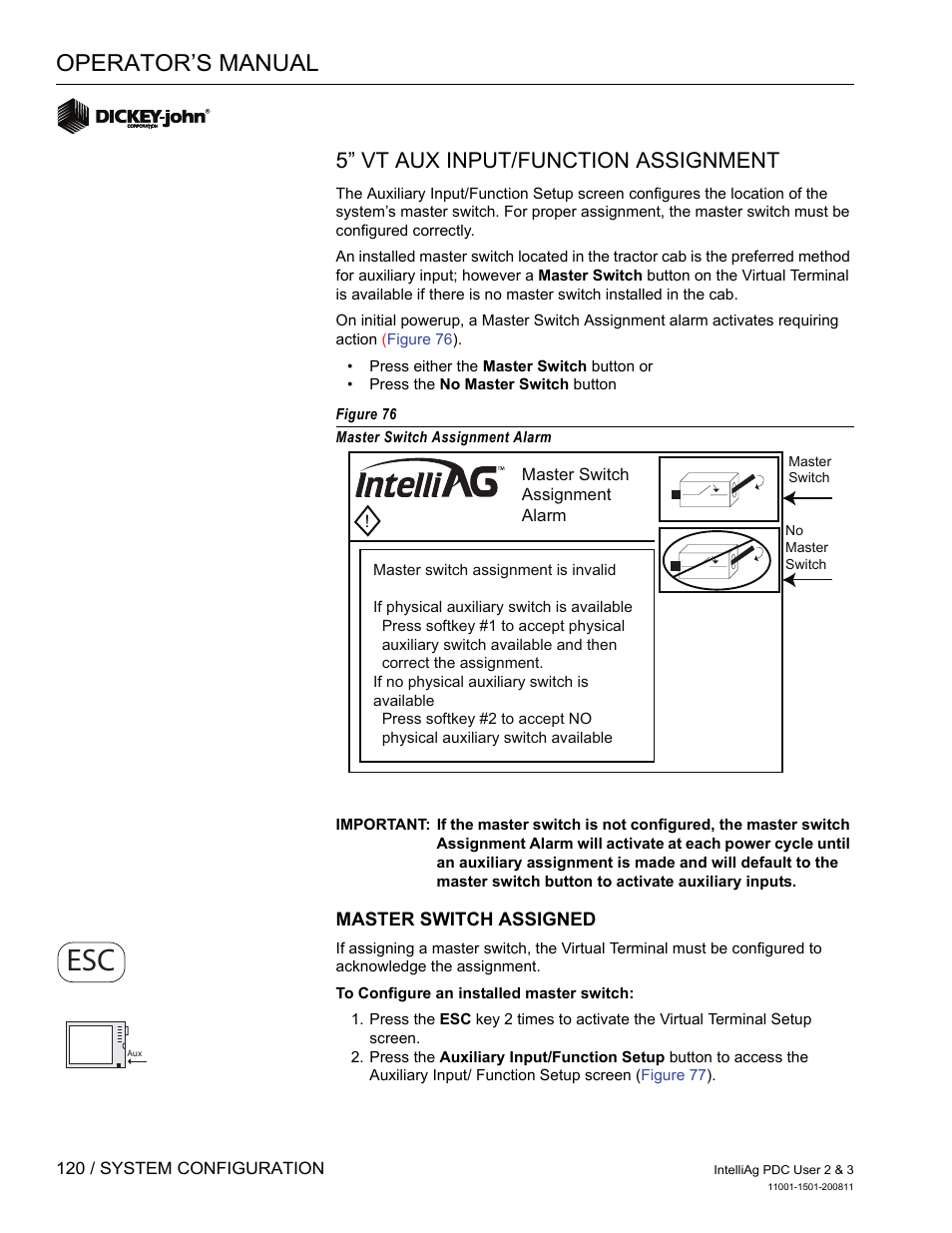 Operator’s manual, 5” vt aux input/function assignment | Great Plains DICKEY-john IntelliAg Planter-Drill Control L3 User Manual | Page 128 / 185