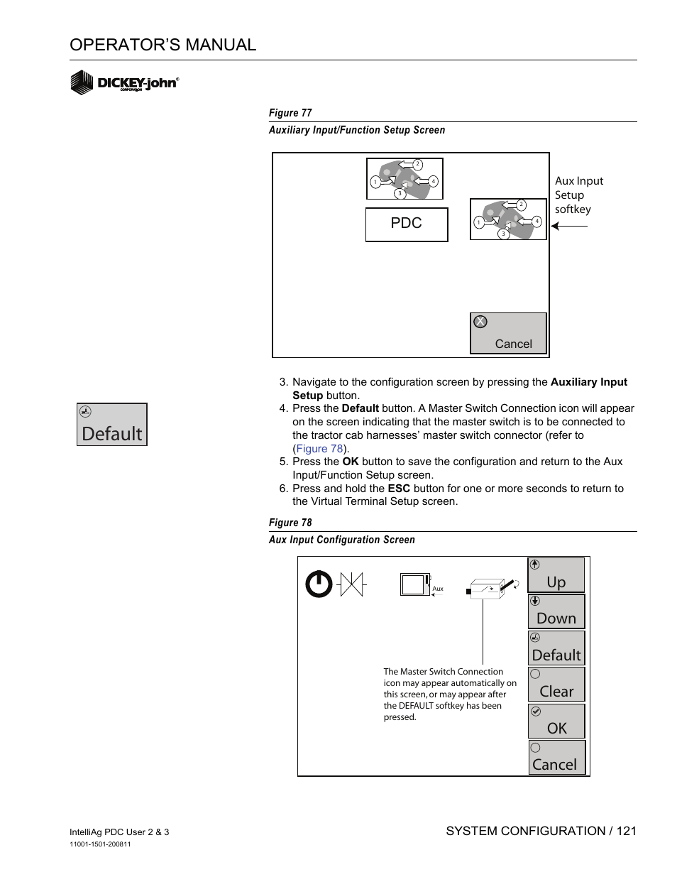 Default, Operator’s manual, Up down default clear ok | Cancel | Great Plains DICKEY-john IntelliAg Planter-Drill Control L3 User Manual | Page 129 / 185