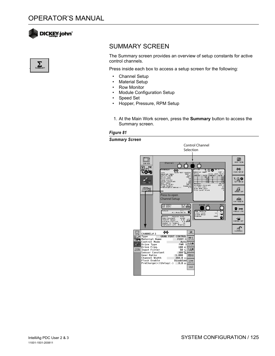 Operator’s manual, Summary screen | Great Plains DICKEY-john IntelliAg Planter-Drill Control L3 User Manual | Page 133 / 185