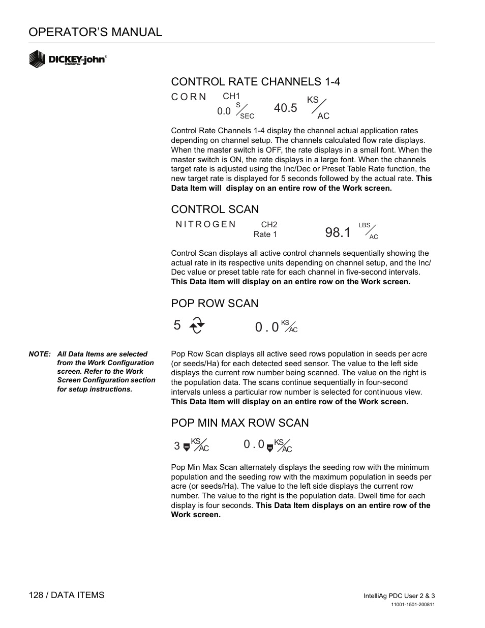 Operator’s manual, Control rate channels 1-4, Control scan | Pop row scan, Pop min max row scan | Great Plains DICKEY-john IntelliAg Planter-Drill Control L3 User Manual | Page 136 / 185