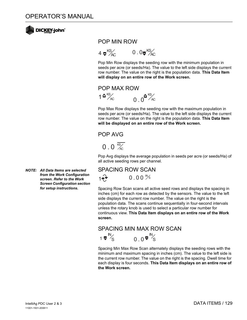 Operator’s manual, Pop min row, Pop max row | Pop avg, Spacing row scan, Spacing min max row scan | Great Plains DICKEY-john IntelliAg Planter-Drill Control L3 User Manual | Page 137 / 185