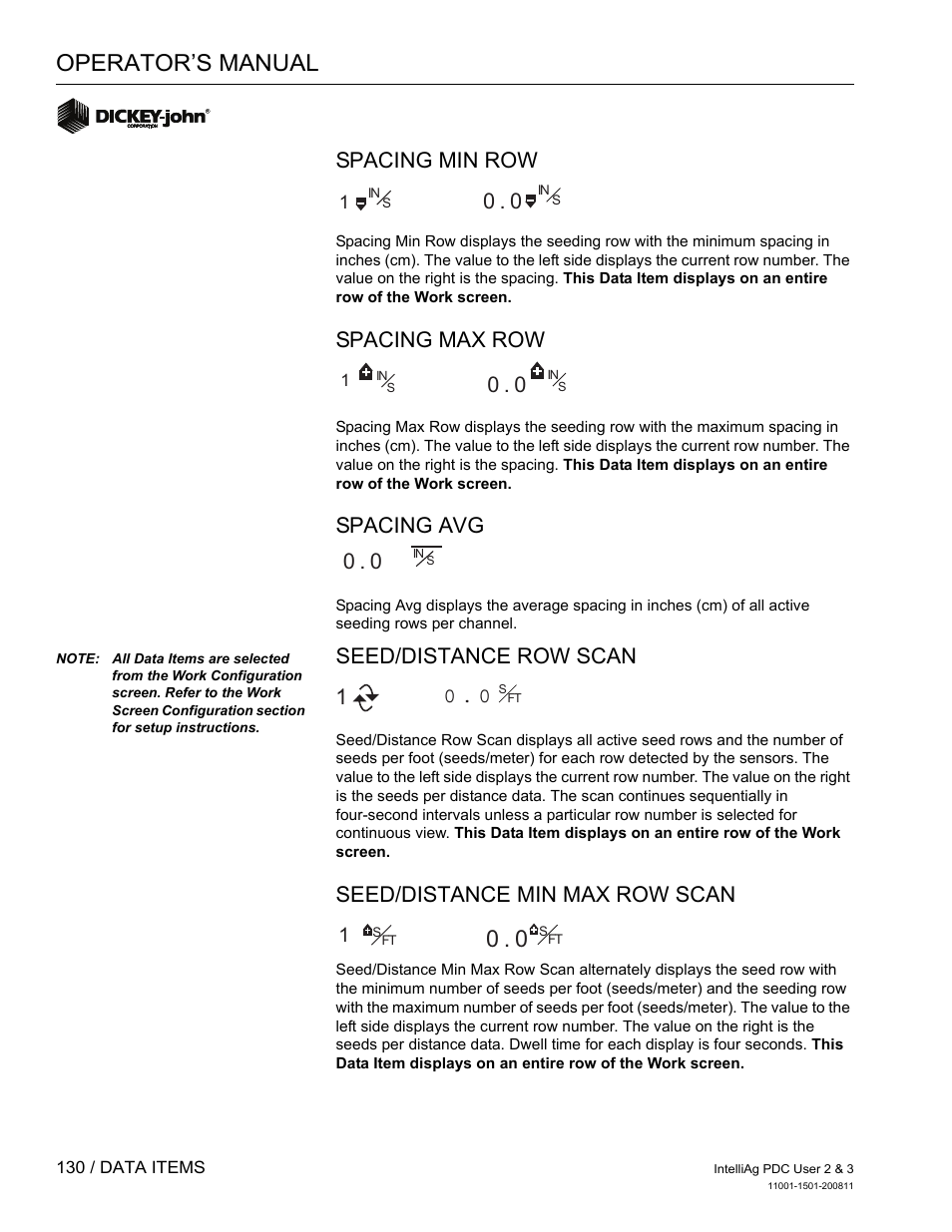 Operator’s manual, Spacing min row, Spacing max row | Spacing avg, Seed/distance row scan, Seed/distance min max row scan | Great Plains DICKEY-john IntelliAg Planter-Drill Control L3 User Manual | Page 138 / 185