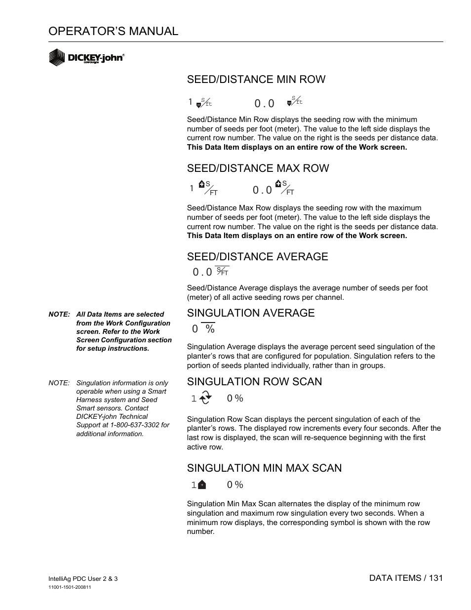 Operator’s manual, Seed/distance min row, Seed/distance max row | Seed/distance average, Singulation average, Singulation row scan, Singulation min max scan | Great Plains DICKEY-john IntelliAg Planter-Drill Control L3 User Manual | Page 139 / 185