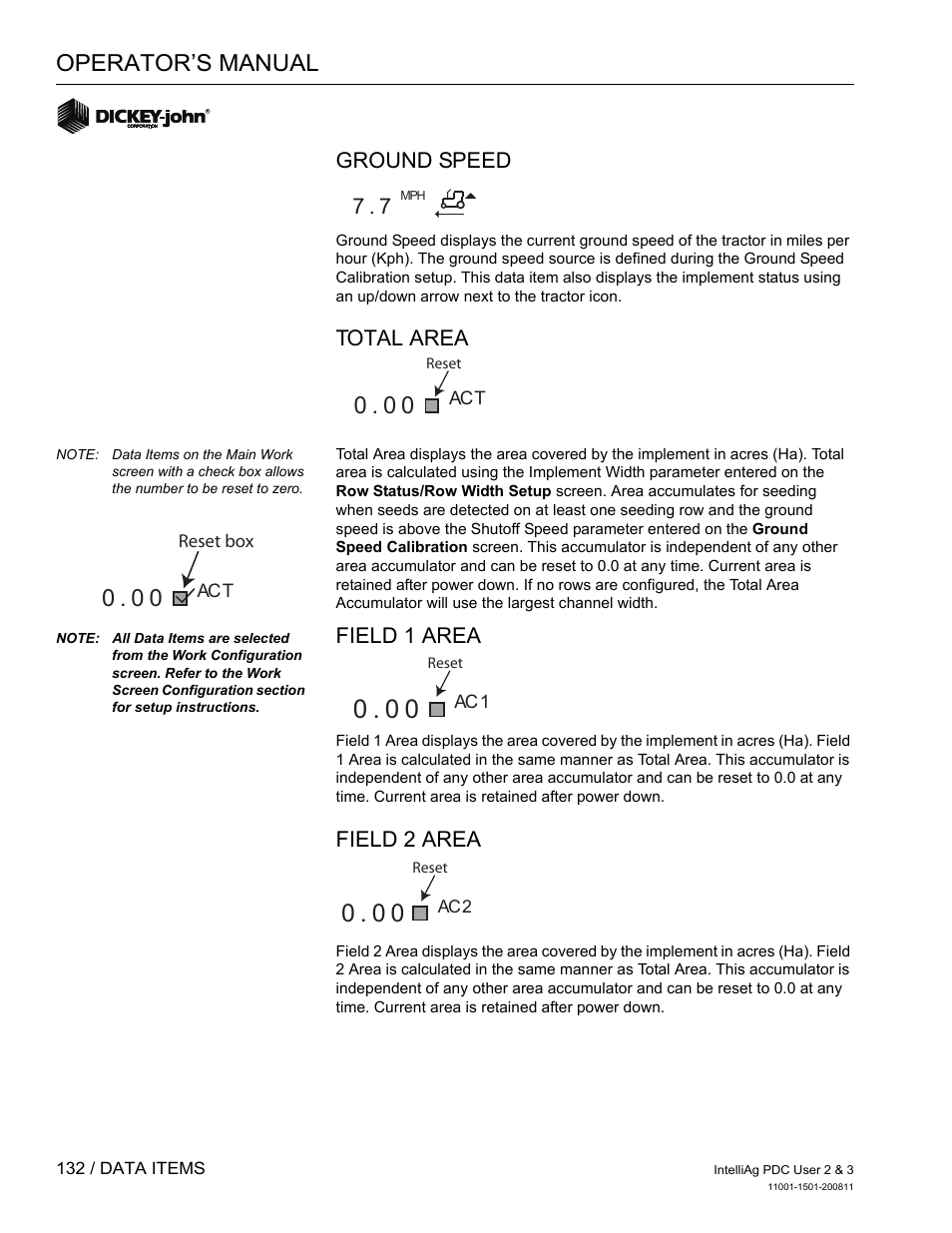 Operator’s manual, Ground speed, Total area | Field 1 area, Field 2 area | Great Plains DICKEY-john IntelliAg Planter-Drill Control L3 User Manual | Page 140 / 185