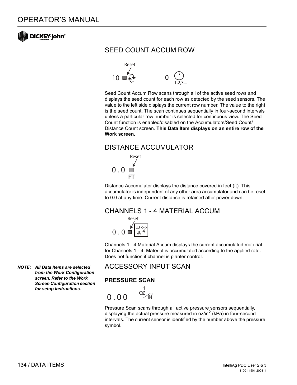 Operator’s manual, Seed count accum row, Distance accumulator | Channels 1 - 4 material accum, Accessory input scan | Great Plains DICKEY-john IntelliAg Planter-Drill Control L3 User Manual | Page 142 / 185