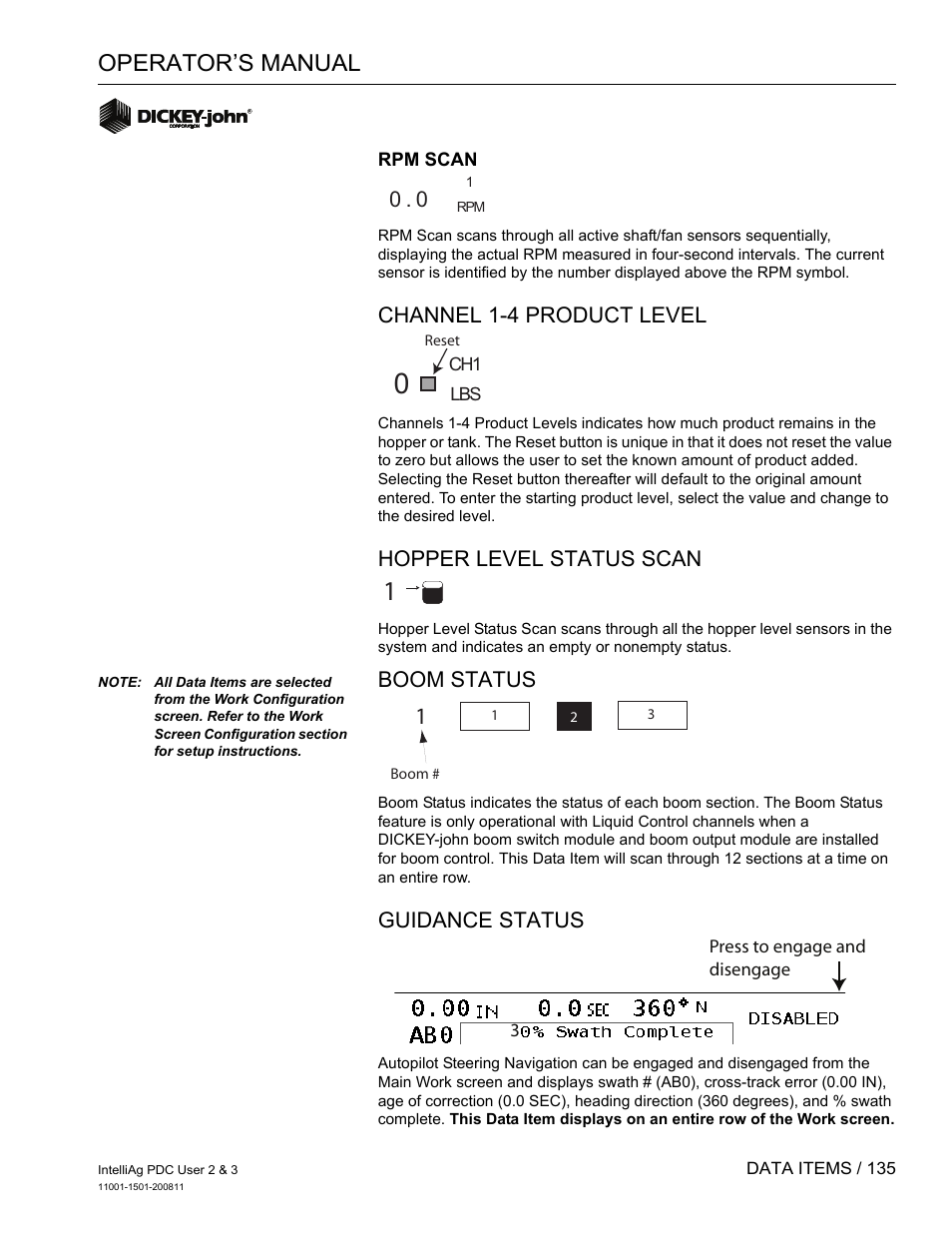 Operator’s manual, Channel 1-4 product level, Hopper level status scan | Boom status, Guidance status | Great Plains DICKEY-john IntelliAg Planter-Drill Control L3 User Manual | Page 143 / 185