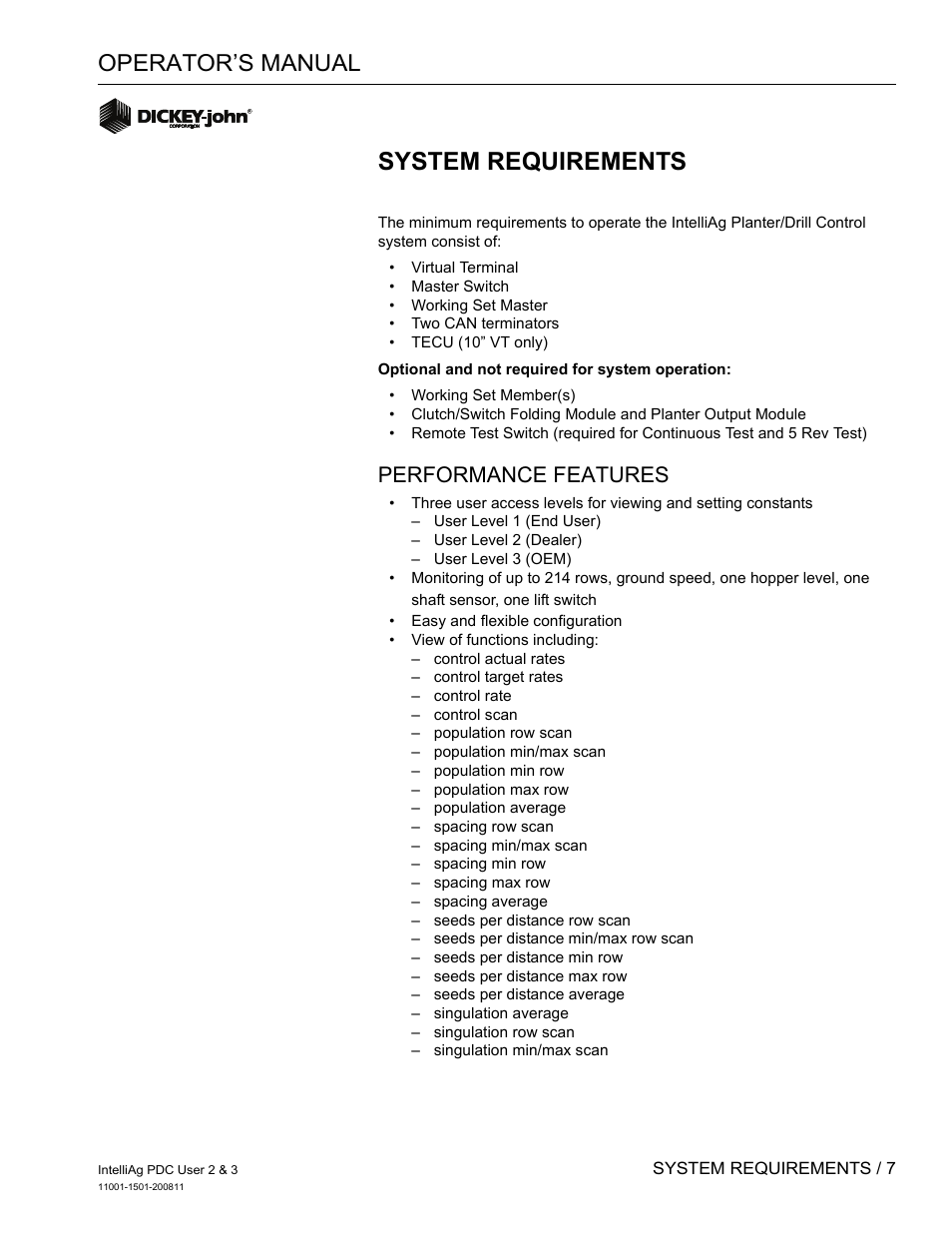 System requirements, Operator’s manual, Performance features | Great Plains DICKEY-john IntelliAg Planter-Drill Control L3 User Manual | Page 15 / 185