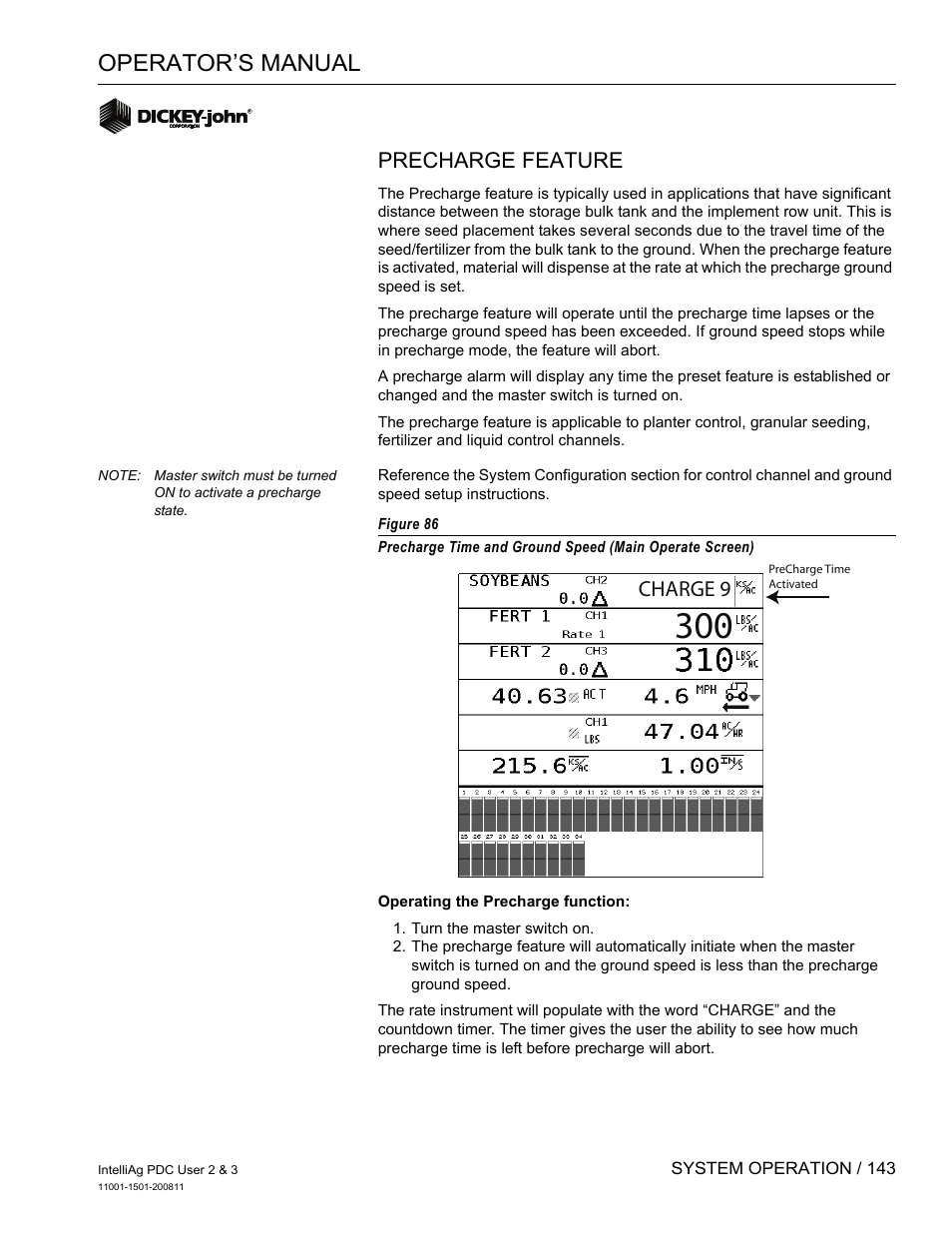 Operator’s manual, Precharge feature, Charge 9 | Great Plains DICKEY-john IntelliAg Planter-Drill Control L3 User Manual | Page 151 / 185