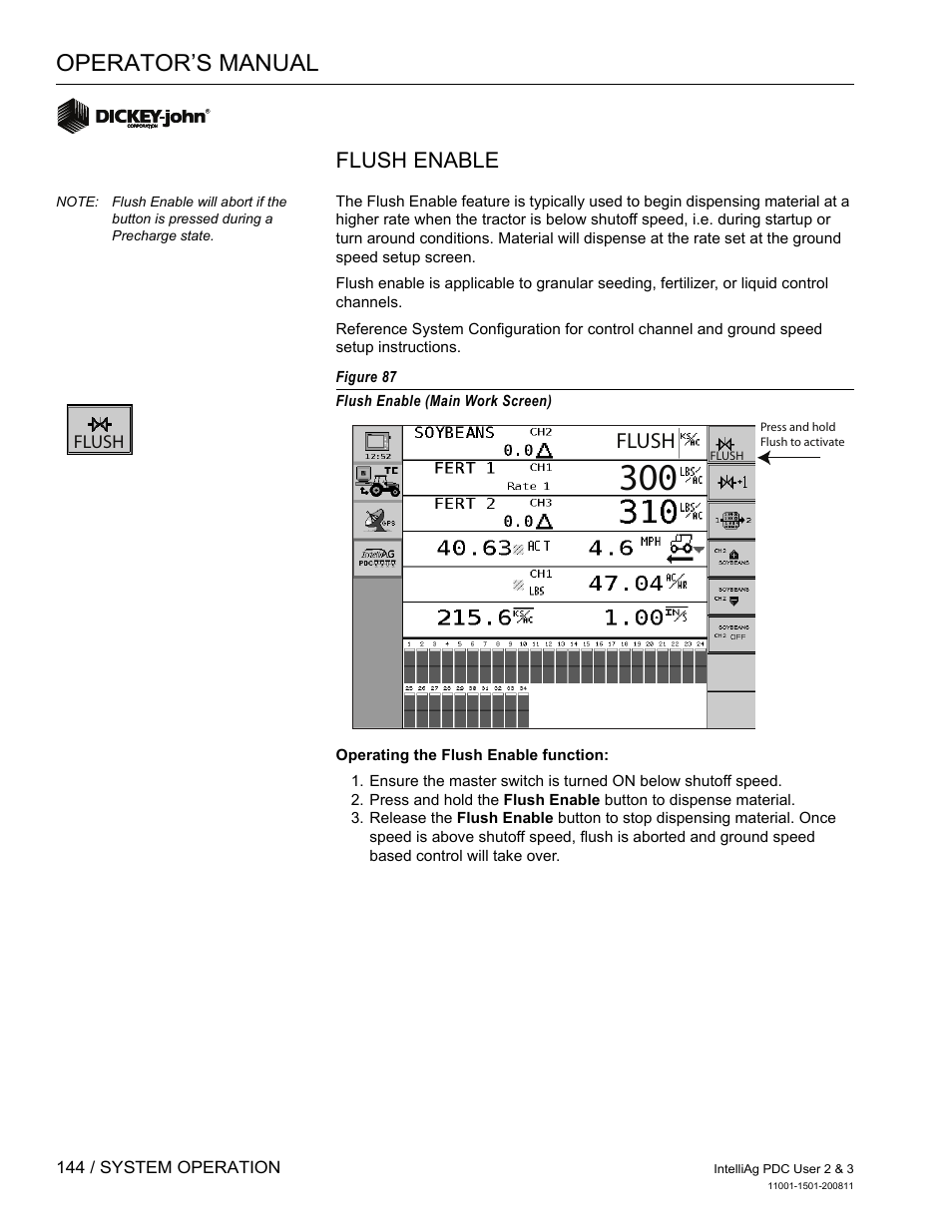 Operator’s manual, Flush enable, Flush | Great Plains DICKEY-john IntelliAg Planter-Drill Control L3 User Manual | Page 152 / 185