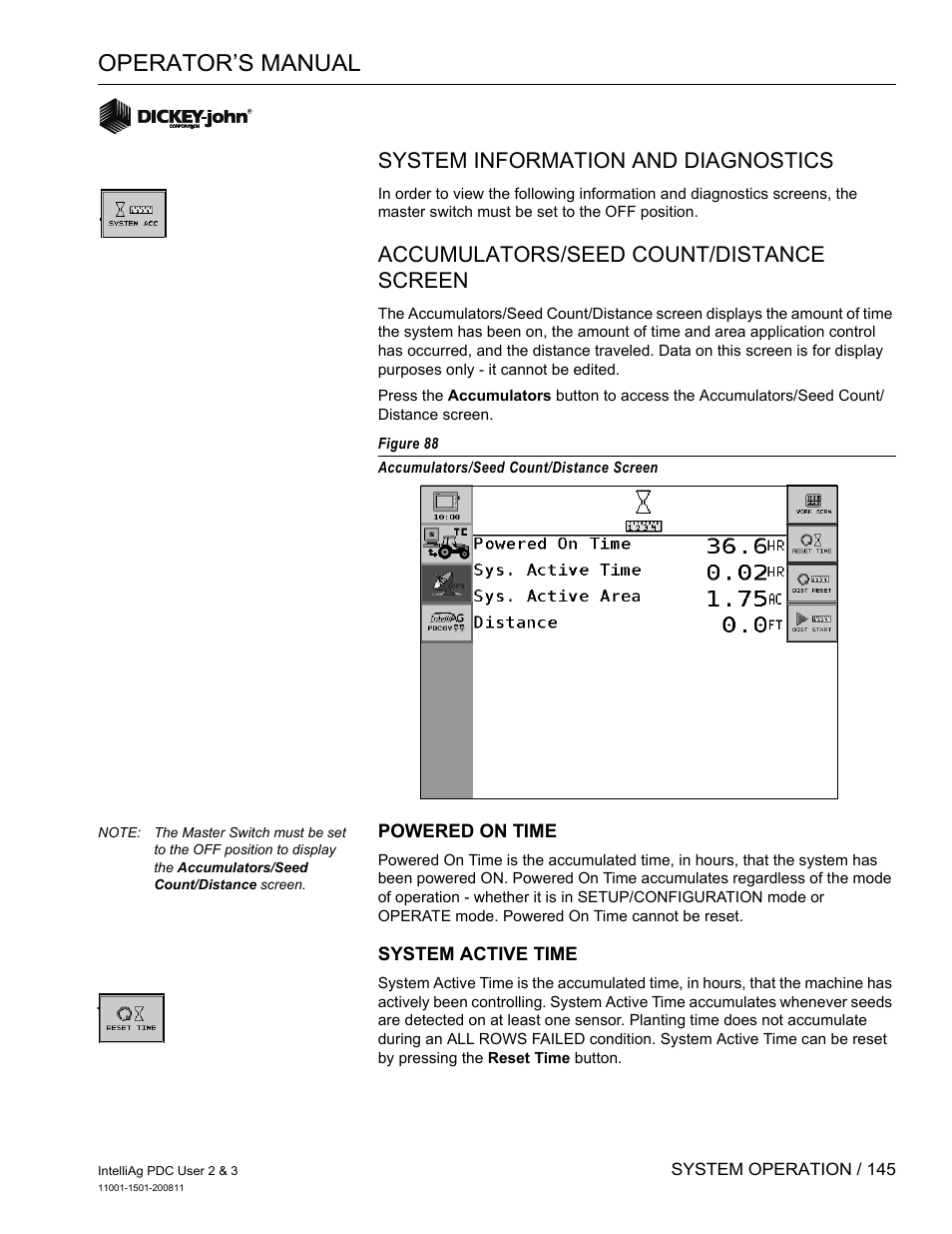 Operator’s manual, System information and diagnostics, Accumulators/seed count/distance screen | Great Plains DICKEY-john IntelliAg Planter-Drill Control L3 User Manual | Page 153 / 185