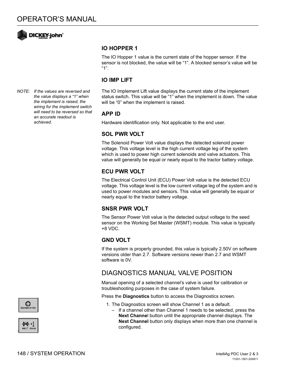 Operator’s manual, Diagnostics manual valve position | Great Plains DICKEY-john IntelliAg Planter-Drill Control L3 User Manual | Page 156 / 185