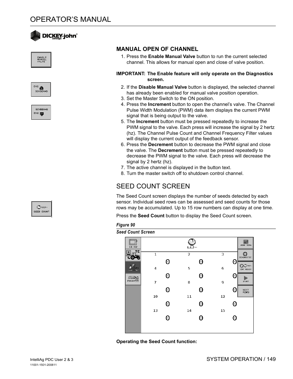 Operator’s manual, Seed count screen | Great Plains DICKEY-john IntelliAg Planter-Drill Control L3 User Manual | Page 157 / 185