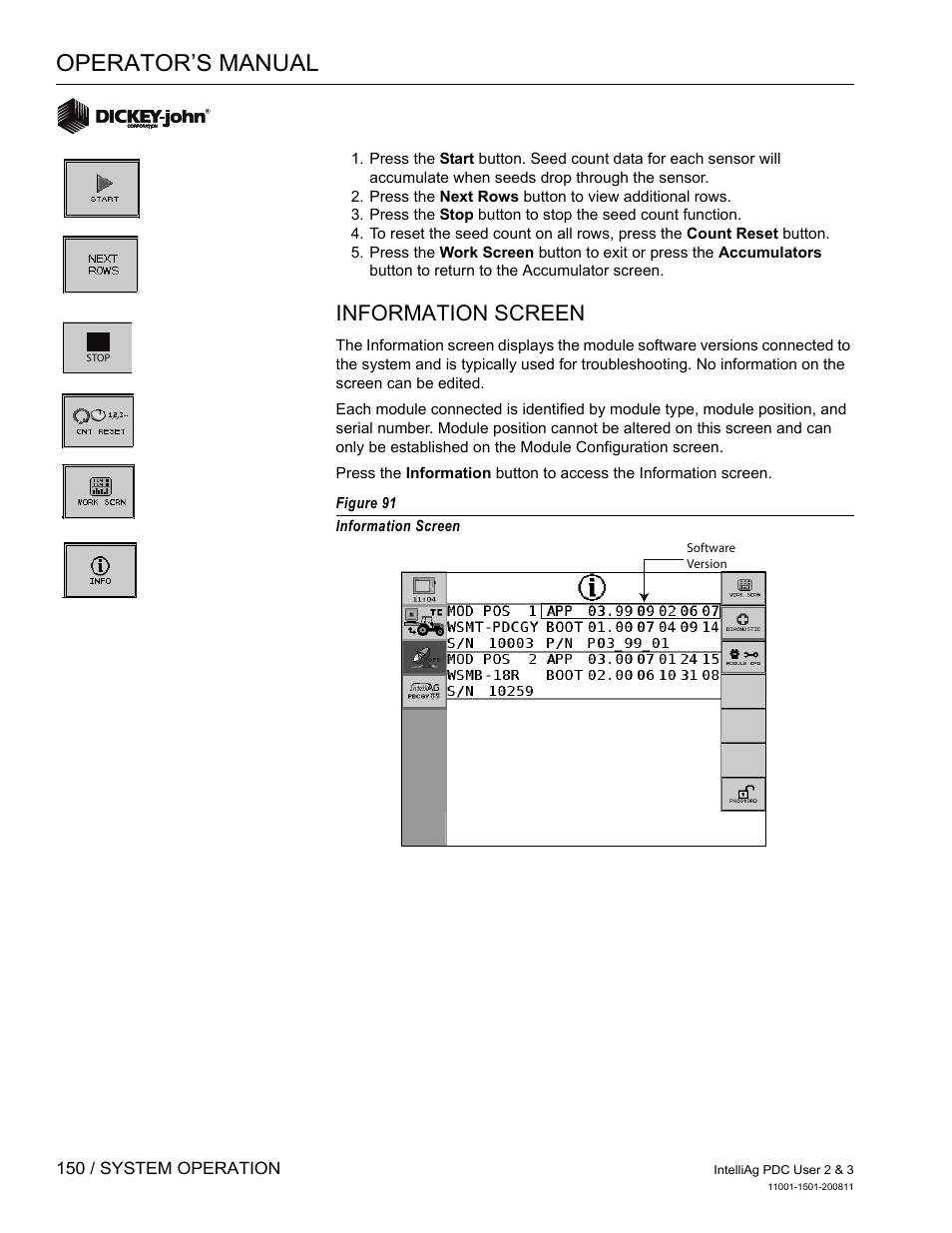 Operator’s manual, Information screen | Great Plains DICKEY-john IntelliAg Planter-Drill Control L3 User Manual | Page 158 / 185