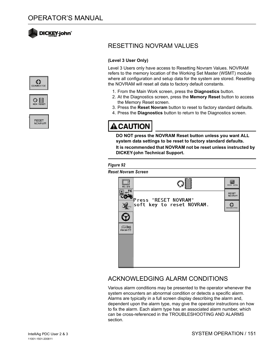 Operator’s manual, Resetting novram values, Acknowledging alarm conditions | Great Plains DICKEY-john IntelliAg Planter-Drill Control L3 User Manual | Page 159 / 185