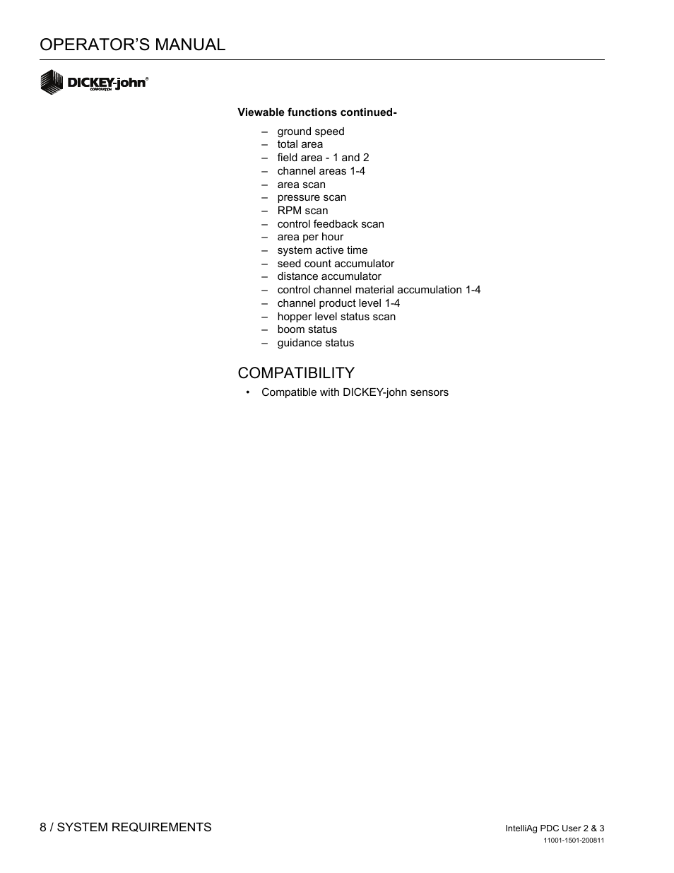 Operator’s manual, Compatibility | Great Plains DICKEY-john IntelliAg Planter-Drill Control L3 User Manual | Page 16 / 185