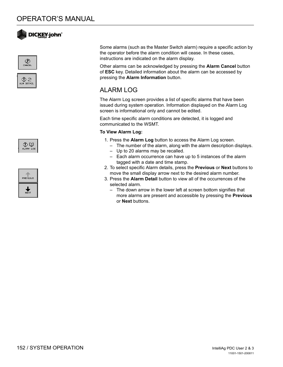 Operator’s manual, Alarm log | Great Plains DICKEY-john IntelliAg Planter-Drill Control L3 User Manual | Page 160 / 185