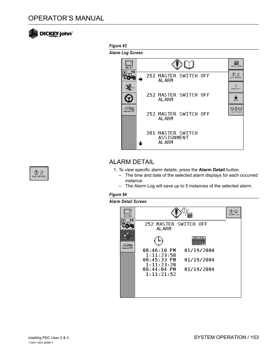 Operator’s manual, Alarm detail | Great Plains DICKEY-john IntelliAg Planter-Drill Control L3 User Manual | Page 161 / 185