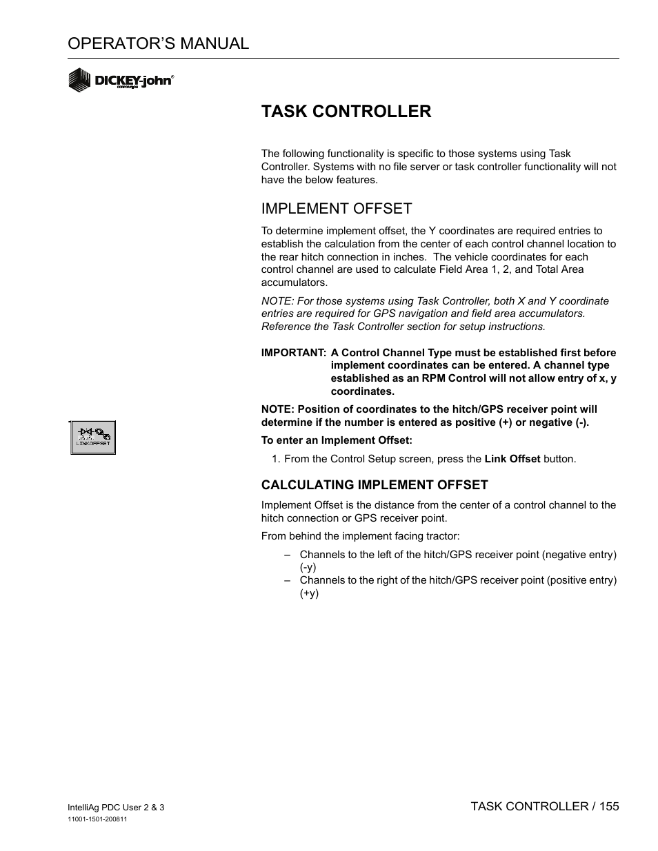 Task controller, Operator’s manual, Implement offset | Great Plains DICKEY-john IntelliAg Planter-Drill Control L3 User Manual | Page 163 / 185