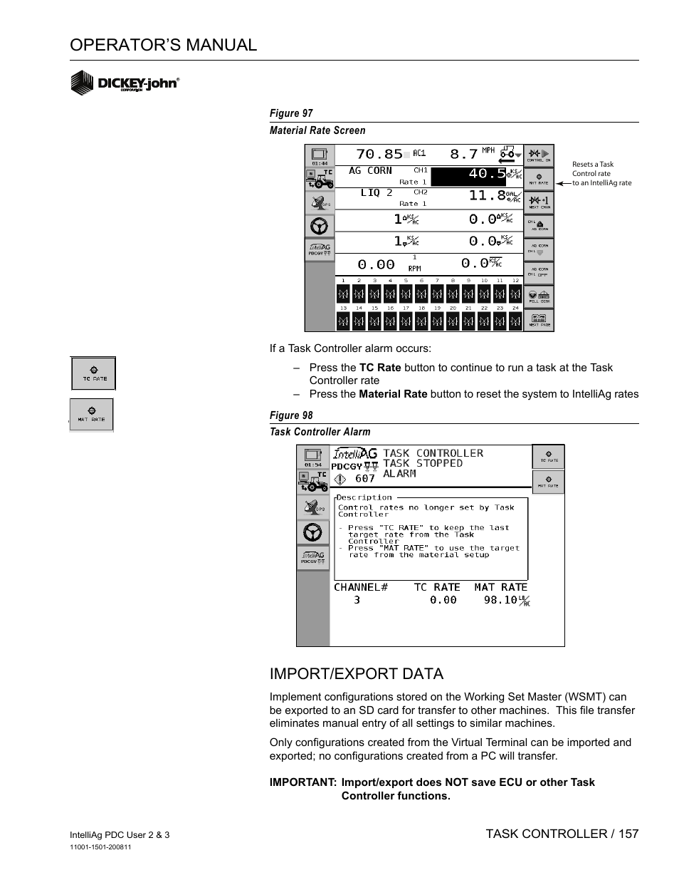 Operator’s manual, Import/export data | Great Plains DICKEY-john IntelliAg Planter-Drill Control L3 User Manual | Page 165 / 185