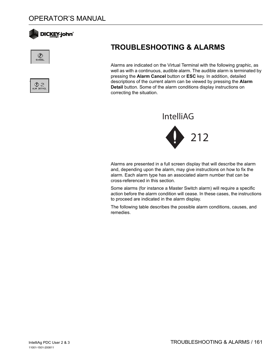 Intelliag, Troubleshooting & alarms, Operator’s manual | Great Plains DICKEY-john IntelliAg Planter-Drill Control L3 User Manual | Page 169 / 185