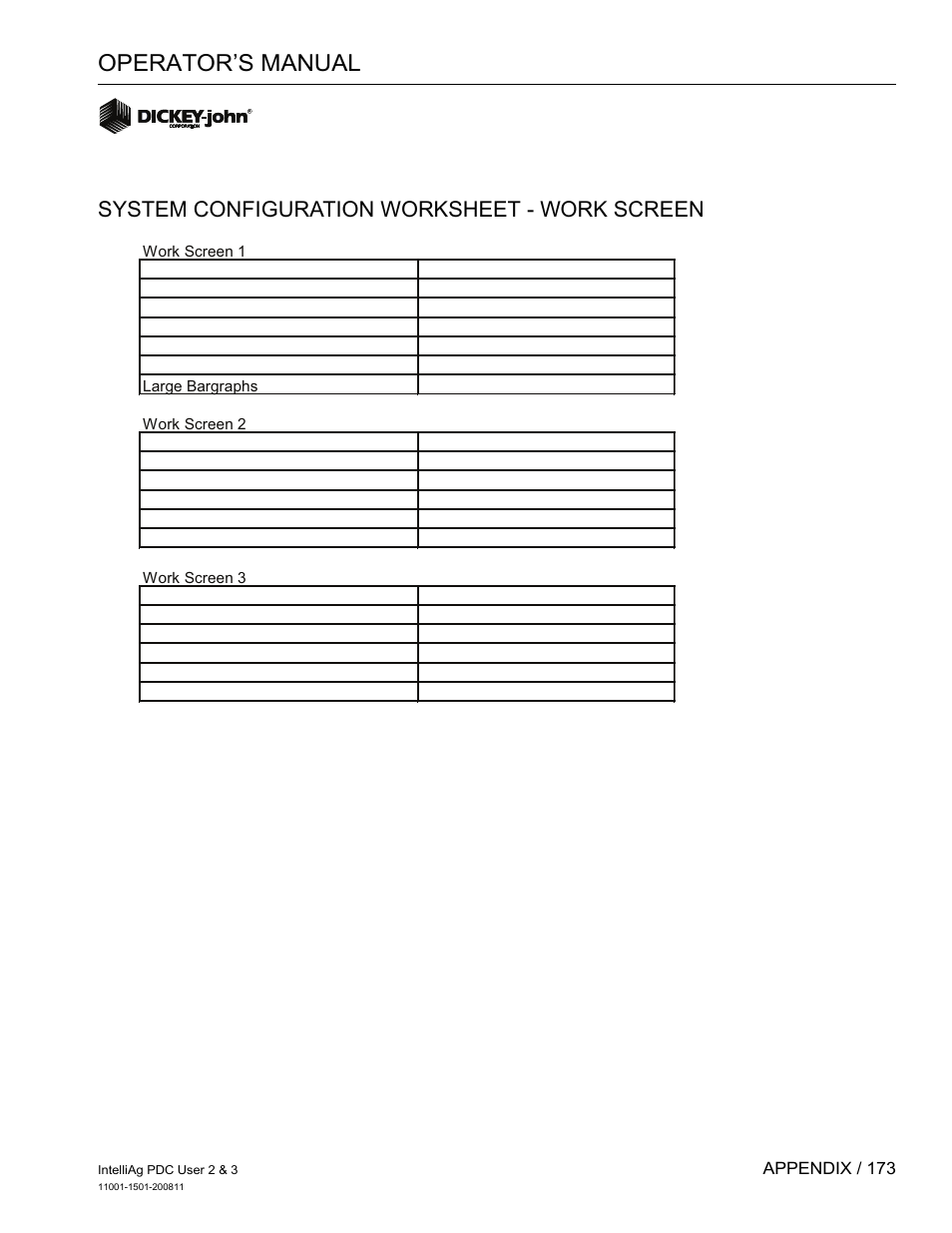 Operator’s manual, System configuration worksheet - work screen | Great Plains DICKEY-john IntelliAg Planter-Drill Control L3 User Manual | Page 181 / 185