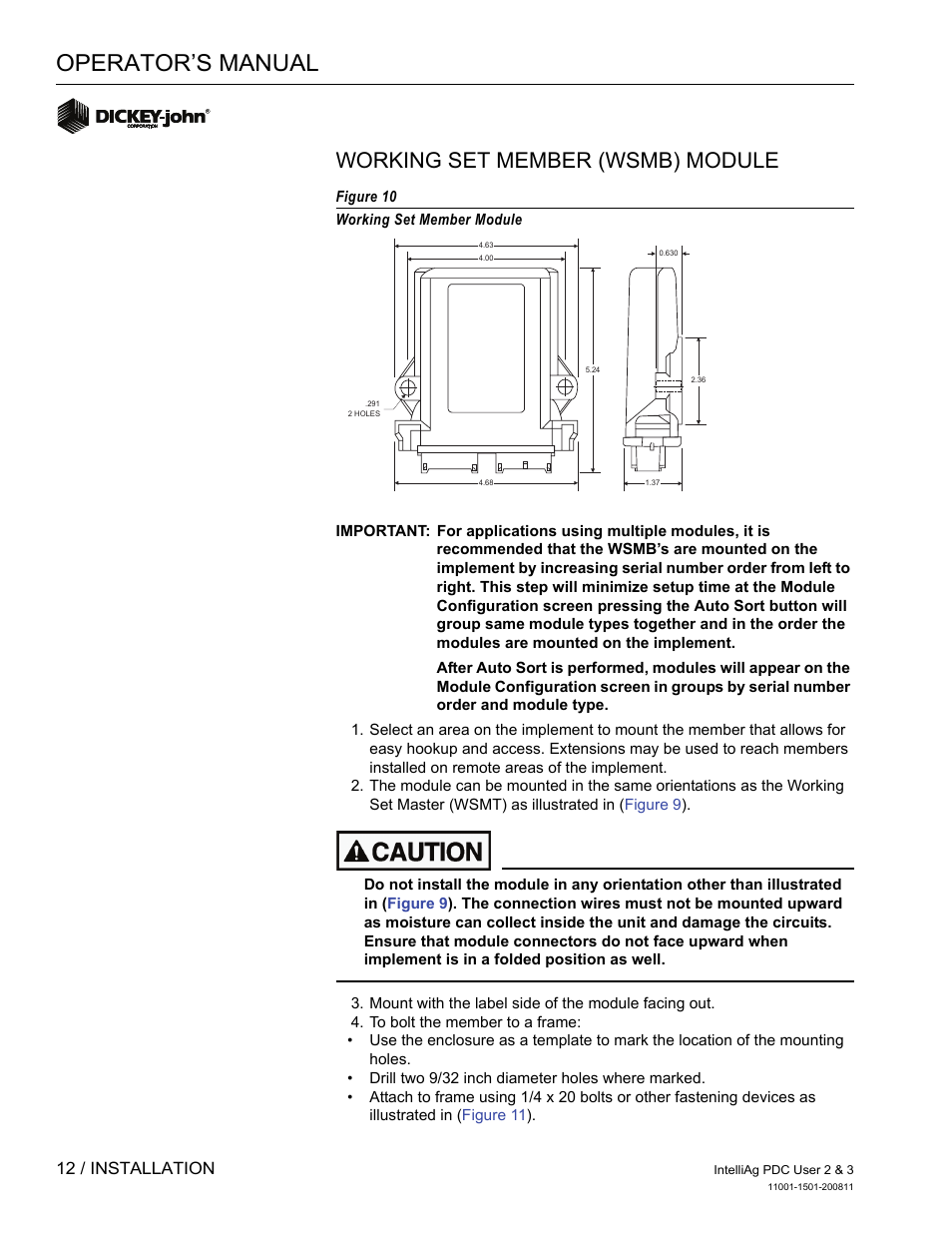 Operator’s manual, Working set member (wsmb) module, 12 / installation | Great Plains DICKEY-john IntelliAg Planter-Drill Control L3 User Manual | Page 20 / 185